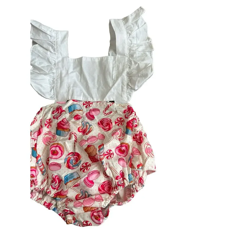 Canrulo Babies 12M Flying Sleeve Lemon Cartoon Cake Print Backless Pink Romper